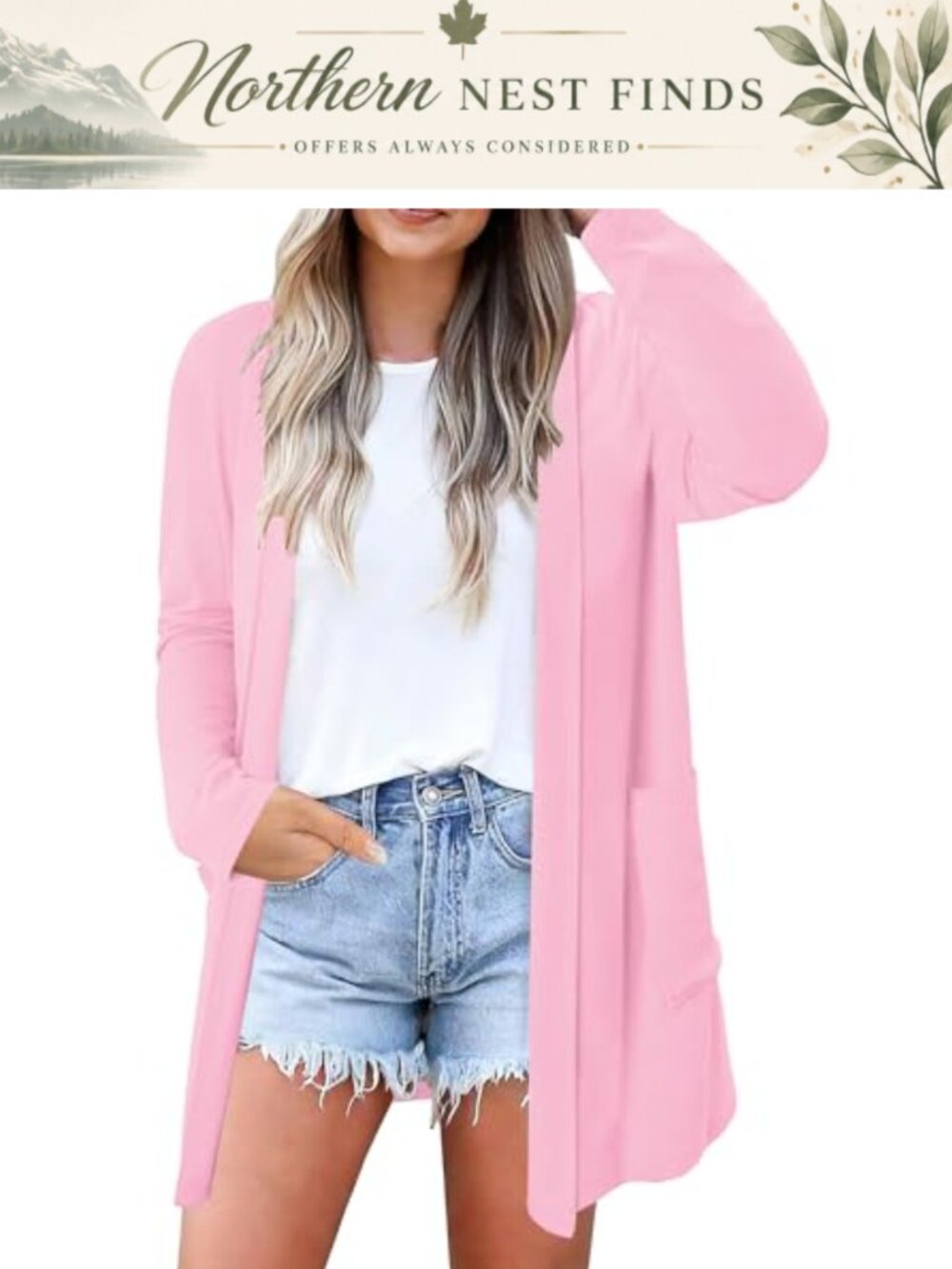 Women's Open Front Cardigan 3/4 Sleeve Eyelet Cuff Lightweight with Pockets